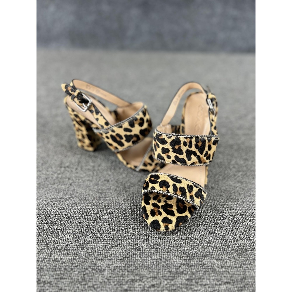 Coach Sandals Womens 5.5 Brown Calf Hair Leopard Slingback Block Heel Studded